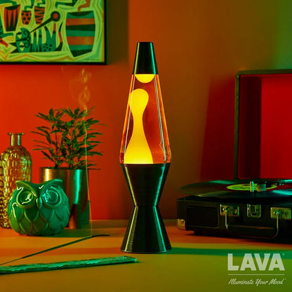 The Original LAVA® Lamp 14.5'' Vinyl Record Grooved Base - Classic Liquid Motion Lamp - Yellow Lava and Orange Liquid