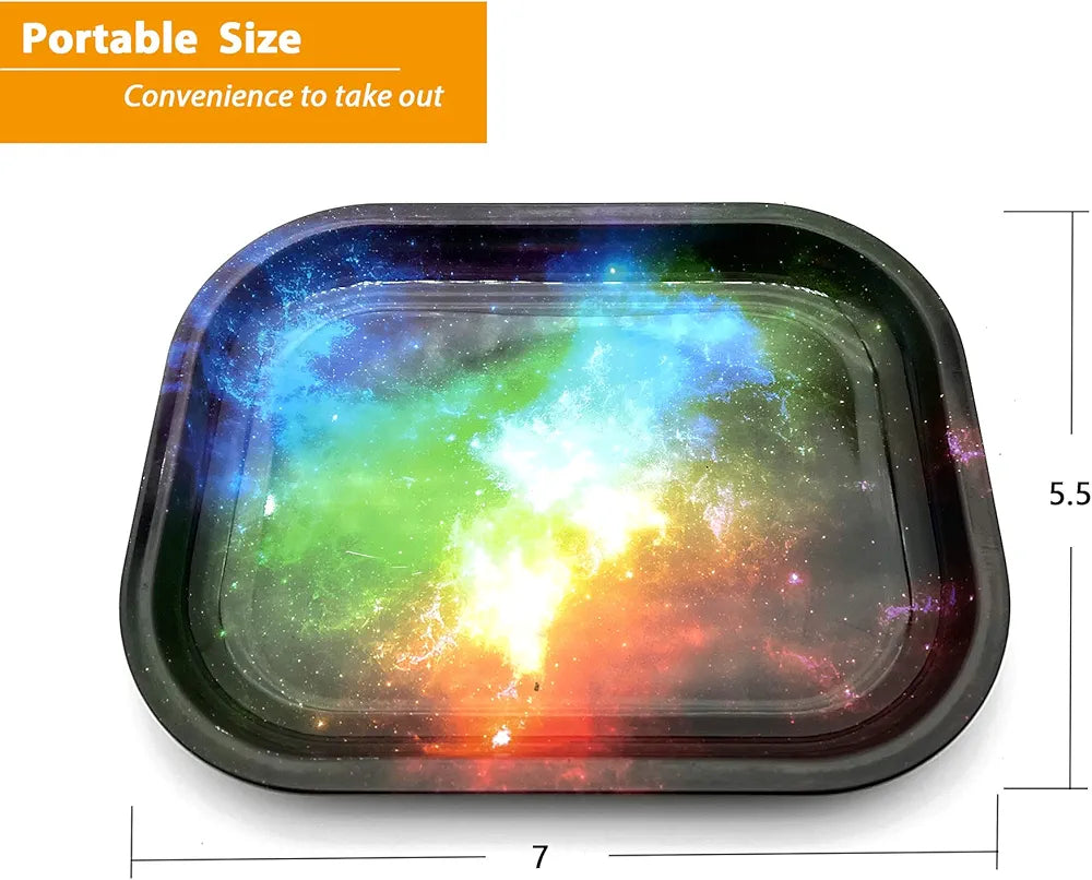 Metal Rolling Tray with Magnetic Lid, Galaxy Printing Rolling Tray with Lid (7”x5.5”)